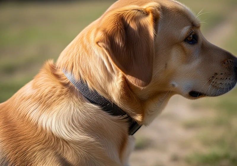Jasny labrador z obrożą, profil głowy i szyi, na rozmazanym tle zieleni i brązu.