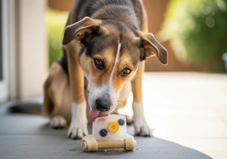 Pies z wyciągniętym językiem liże lód z kawałkami banana i borówek na kostce do gryzienia.