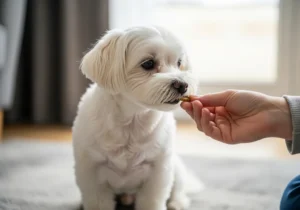 Maltańczyk nagradzany smakołykiem z ręki podczas treningu.