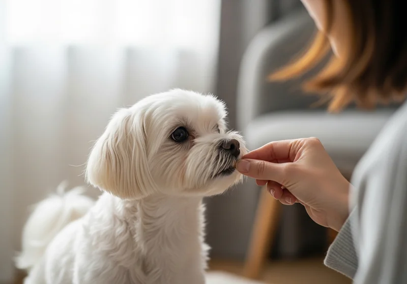 Maltańczyk przyjmuje smakołyk od opiekuna podczas sesji treningowej.