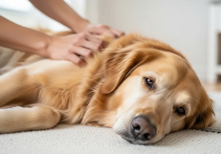 Masaż relaksacyjny: dłonie delikatnie głaszczą golden retrievera, który spokojnie leży na jasnym dywanie.
