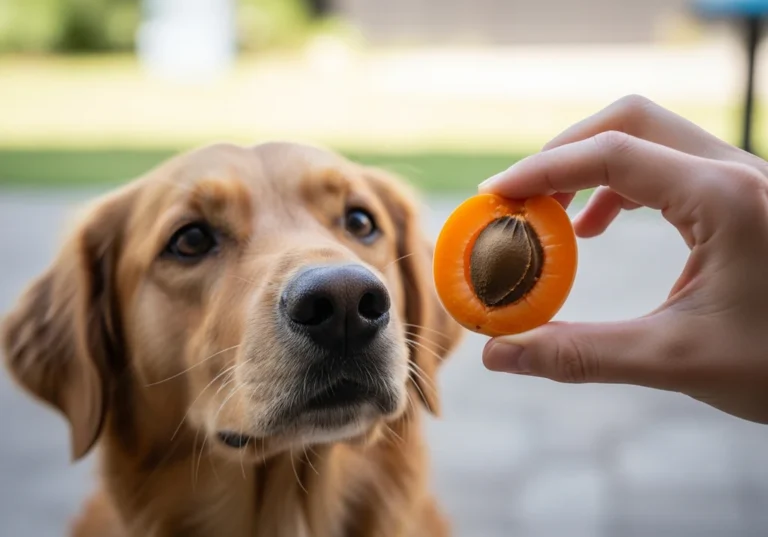 Pies patrzy na przekrojoną morelę z widoczną pestką, trzymaną w dłoni.