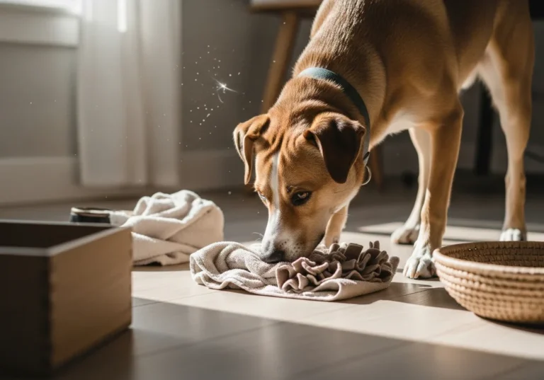 Pies z nosem przy pofałdowanej macie na drewnianej podłodze, wokół niego unoszą się lśniące drobinki zapachu.