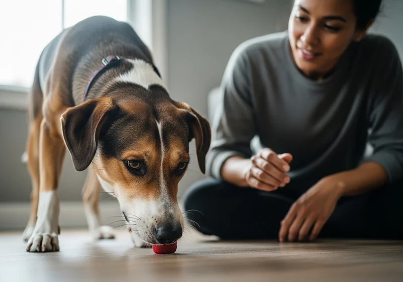 Pies z uwagą wącha czerwony przedmiot na drewnianej podłodze, trenując zmysł węchu pod okiem kobiety.