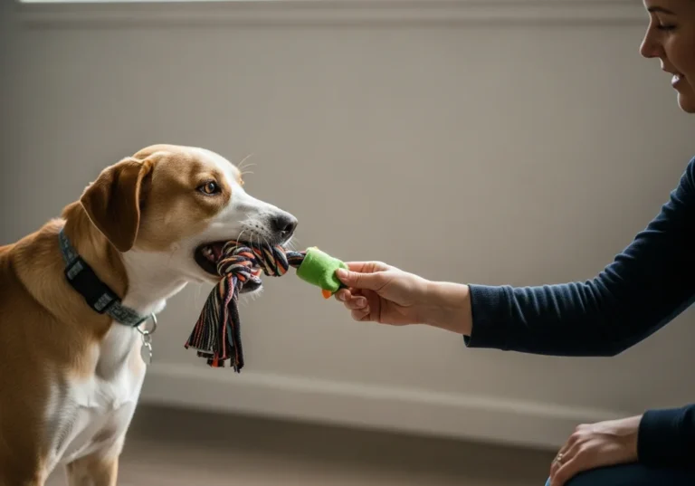 Pies trzyma zabawkę do przeciągania w pysku, bawiąc się z osobą.