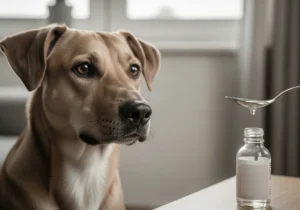 Pies patrzy na łyżeczkę z płynem, obok butelka oleju parafinowego.