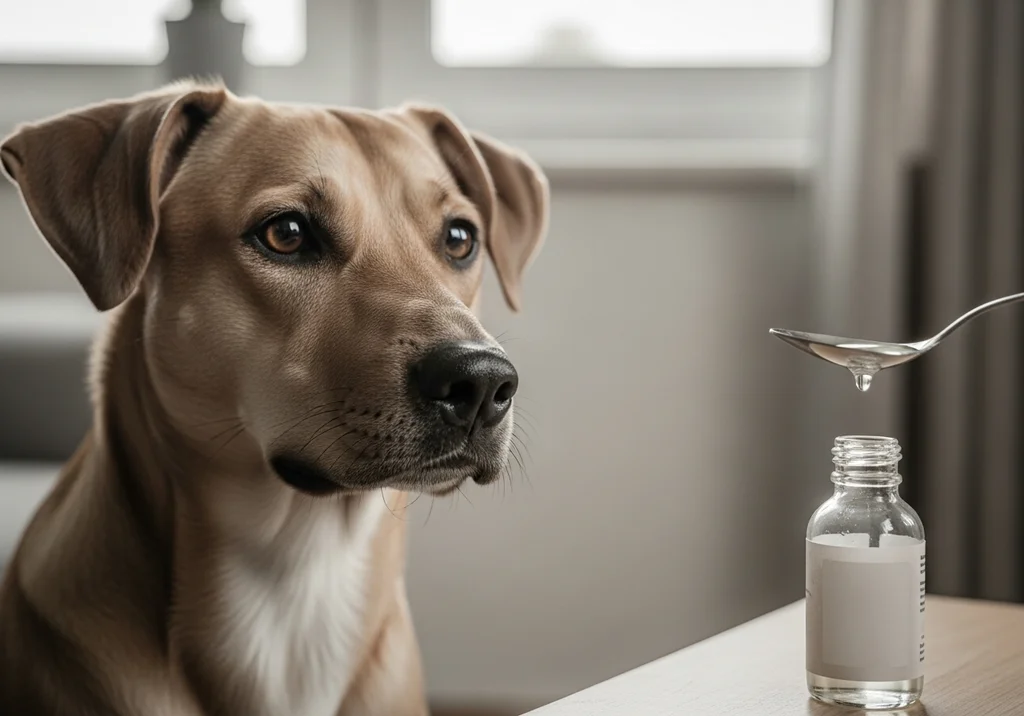 Pies patrzy na łyżeczkę z płynem, obok butelka oleju parafinowego.
