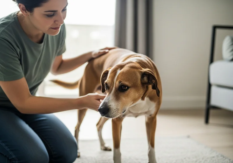 Kobieta kucająca, troskliwie głaszcząca swojego brązowo-białego psa w domowym wnętrzu.