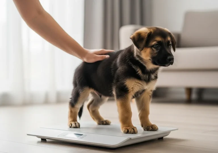 Ważenie szczeniaka owczarka niemieckiego na cyfrowej wadze, z ręką właściciela na jego grzbiecie.