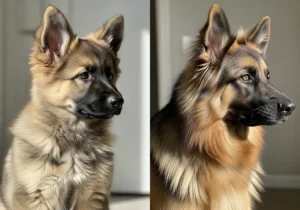 Ewolucja sierści długowłosego owczarka niemieckiego: od puszystego szczeniaka do dorosłego psa.