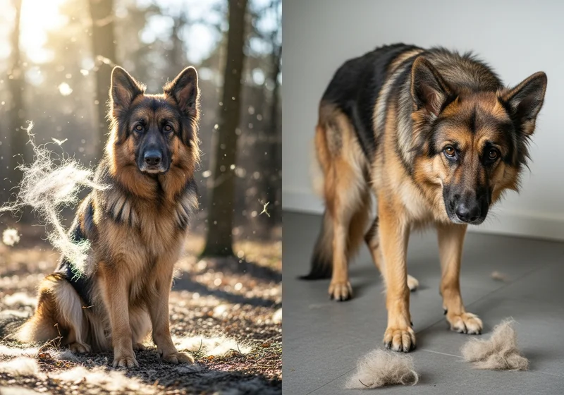 Liniejący owczarek niemiecki długowłosy: latająca sierść w lesie i kępki futra na podłodze w domu.