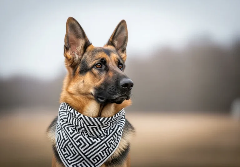 Uważny owczarek niemiecki z gęstą sierścią, w czarno-białej bandanie, patrzy w bok na tle rozmytego krajobrazu.
