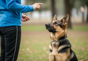Owczarek niemiecki uważnie obserwuje dłoń trenera wydającego komendę i przygotowującego nagrodę.