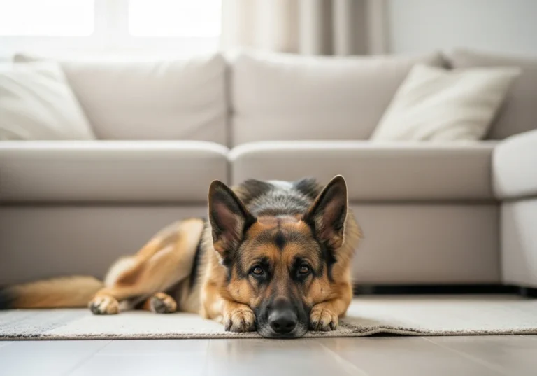 Spokojny owczarek niemiecki leży na dywanie w domowym salonie.