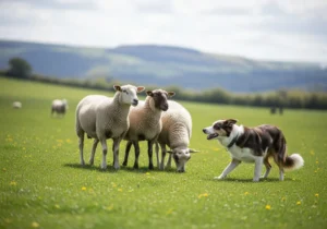Border collie w niskiej pozycji pasterskiej, obserwujący trzy owce na zielonym pastwisku.