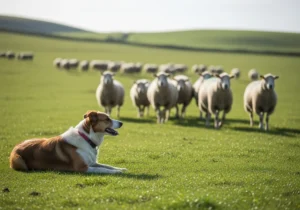 Pies pasterski leżący na zielonej łące, uważnie obserwujący stado owiec w tle.