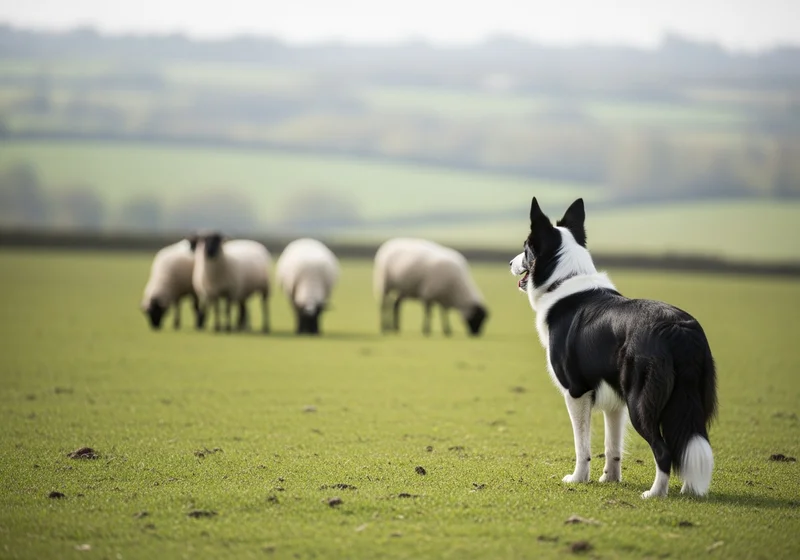 Czarno-biały border collie uważnie patrzy na stado owiec pasących się na zielonym pastwisku.