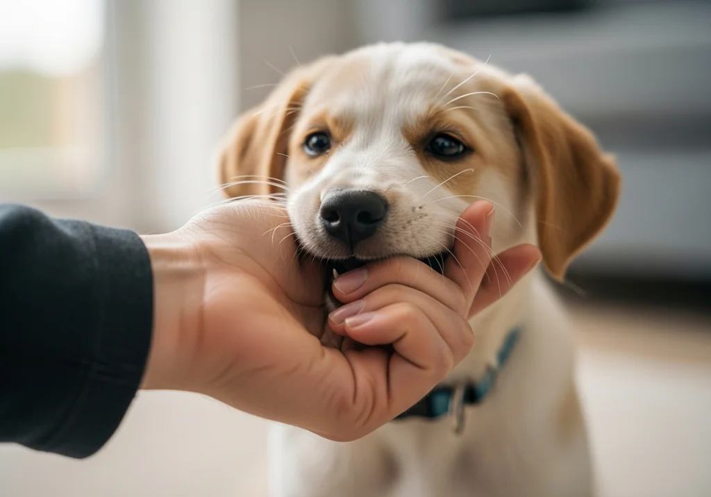 Szczeniak z jasną sierścią podgryzający palce ludzkiej dłoni w zabawie. Widać jego małe zęby.