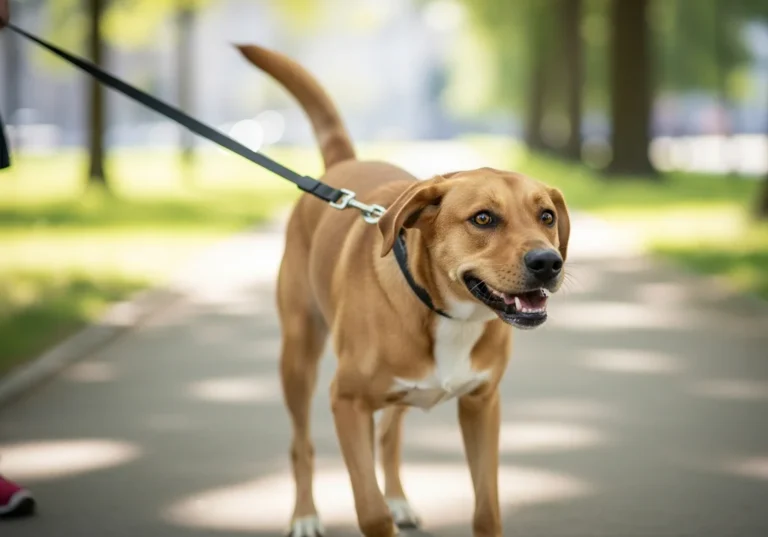 Biszkoptowy pies na smyczy, z otwartym pyskiem i podniesionym ogonem, podczas spaceru w parku.