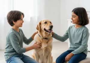 Dzieci z uśmiechem głaszczą spokojnego golden retrievera, ilustracja zajęć z psem terapeutycznym dla dzieci.