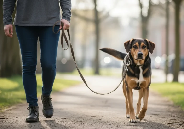 Opiekun idzie z psem na luźnej smyczy po parkowej ścieżce, pies spokojnie patrzy przed siebie.