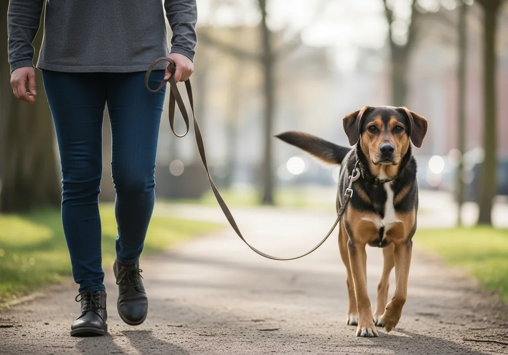 Opiekun idzie z psem na luźnej smyczy po parkowej ścieżce, pies spokojnie patrzy przed siebie.