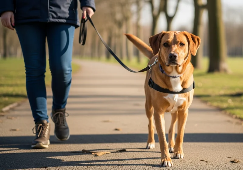 Brązowy pies w uprzęży i na smyczy idący obok właściciela na parkowej ścieżce.