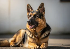 Owczarek niemiecki o klasycznym umaszczeniu, leżący na ziemi, z otwartym pyskiem i obrożą z zawieszką.