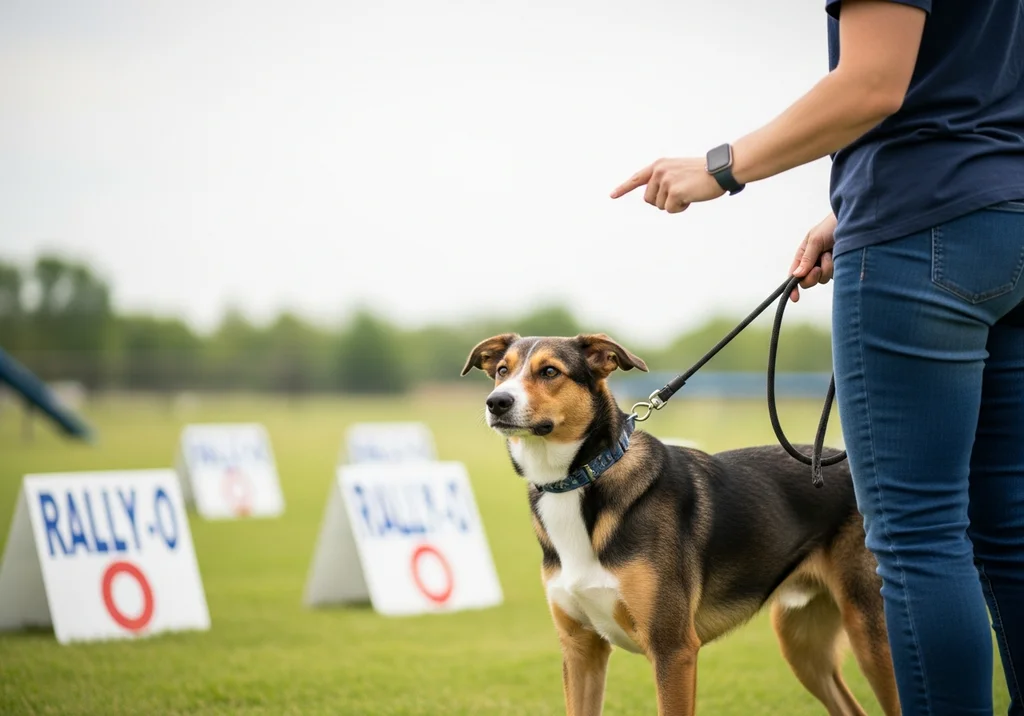 Pies na smyczy z przewodnikiem, który wskazuje, na torze Rally-O z tabliczkami.