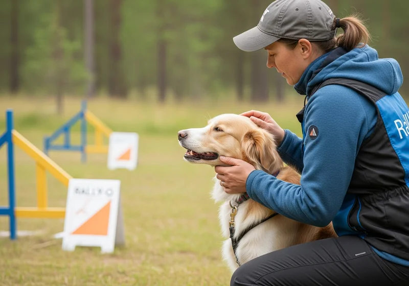 Kobieta uspokaja psa przed wejściem na tor Rally-O, delikatnie go głaszcząc. W tle znaki nawigacyjne.