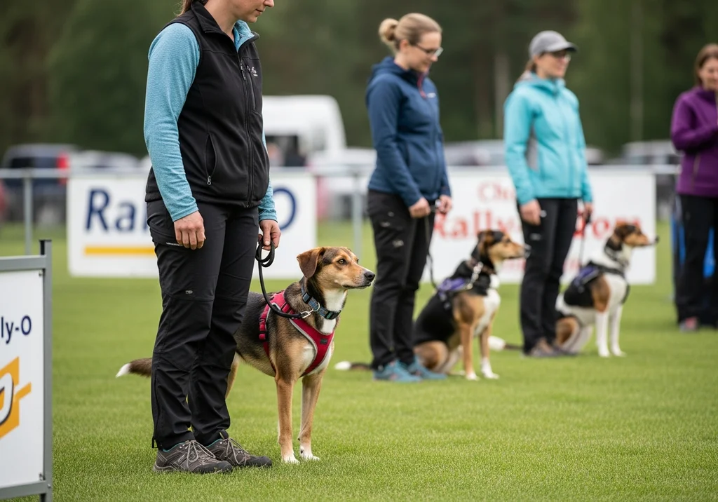 Kobieta z psem na czerwonej uprzęży stoją w rzędzie z innymi zespołami podczas zawodów Rally-O.