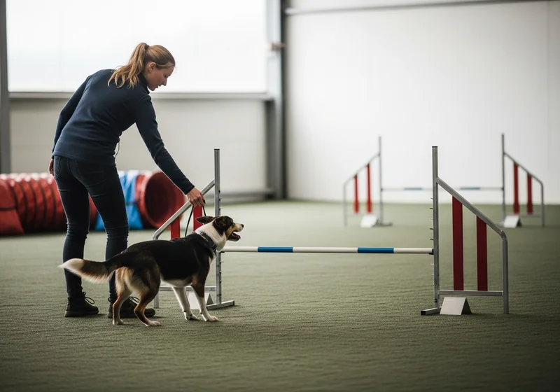 Pies i handlerka w skupieniu przy przeszkodzie agility, demonstrujący płynność i precyzję.
