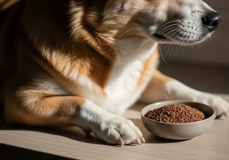 Pies z lśniącą sierścią leży obok miski z siemieniem lnianym na drewnianym blacie.