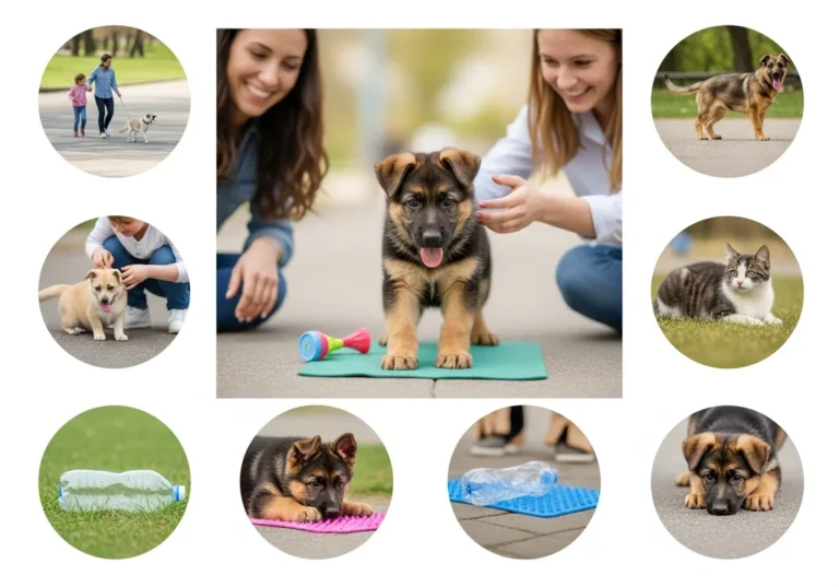 Owczarek niemiecki szczeniak podczas socjalizacji z ludźmi, psami, kotem i różnymi przedmiotami.