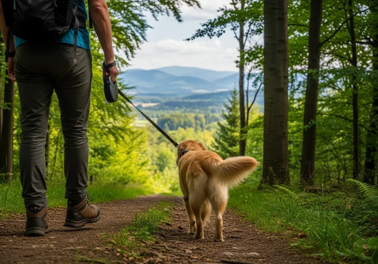 Turysta z golden retrieverem na smyczy wędruje leśną ścieżką z widokiem na góry.