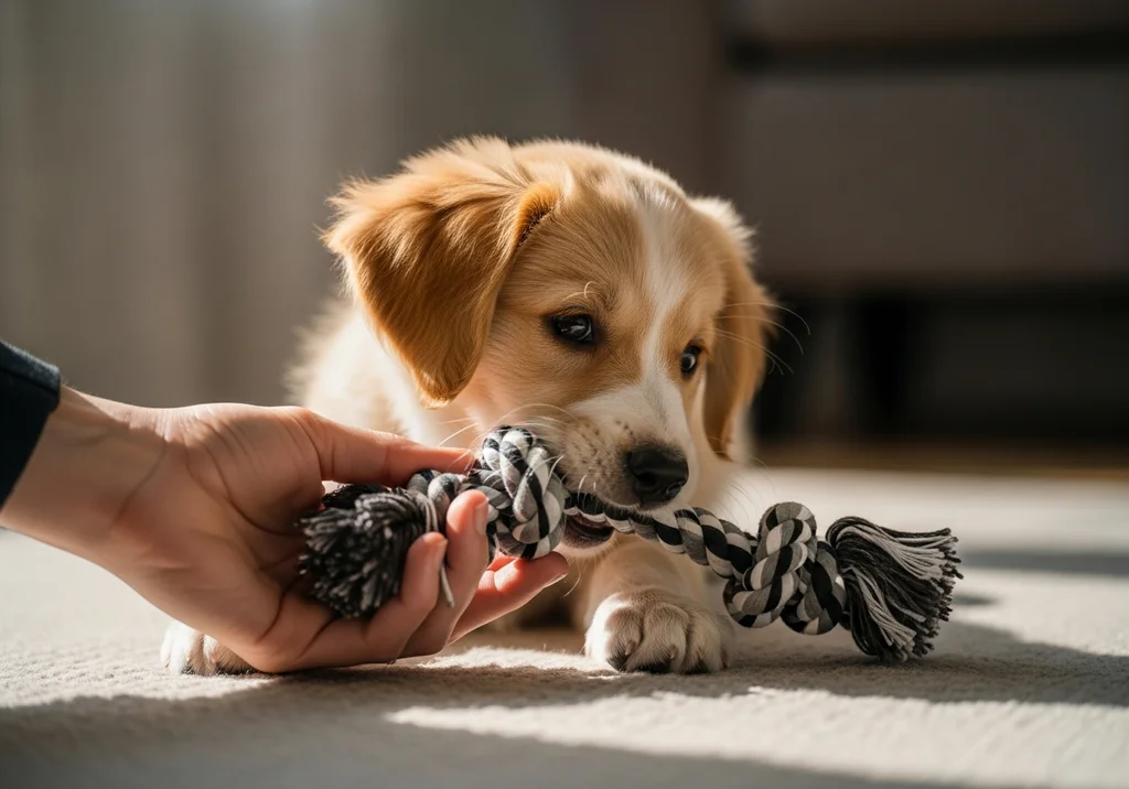 Szczeniak gryzie szarpak trzymany przez dłoń, ucząc się prawidłowej zabawy zamiast gryzienia rąk.
