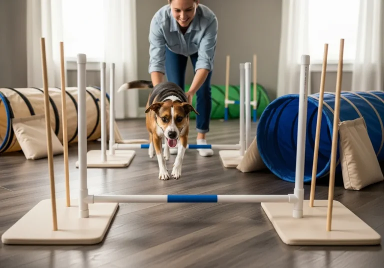 Kobieta prowadzi psa przez domowy tor agility: niskie przeszkody z rurek i tunele.