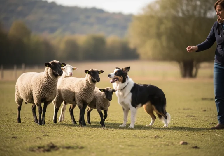 Trening pasterski: kobieta wydaje komendę border collie, który stoi obok owiec na łące.