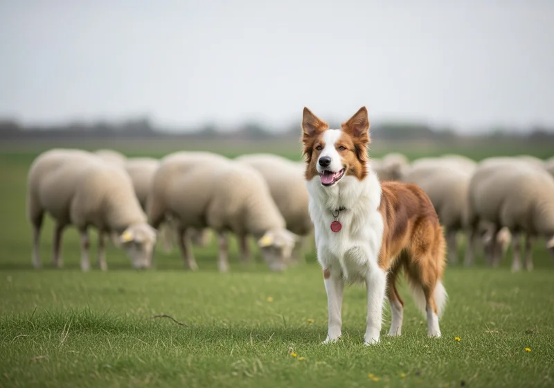 Pies pasterski (border collie) w brązowo-białe łaty stoi na zielonym pastwisku z pasącymi się owcami.