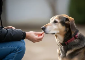 Człowiek nagradza dorosłego psa smakołykiem, pokazując pozytywną tresurę i budowanie więzi.