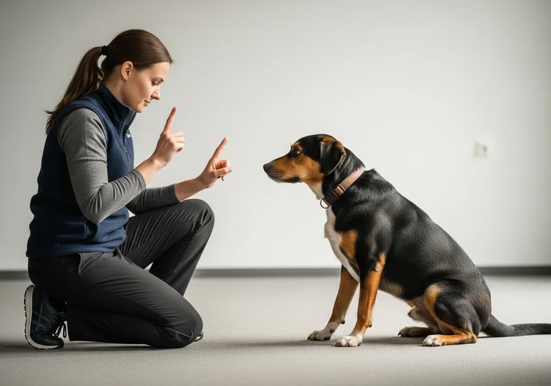 Trenerka w przysiadzie z gestykulującymi palcami. Pies siedzi naprzeciwko, uważnie słuchając komend.