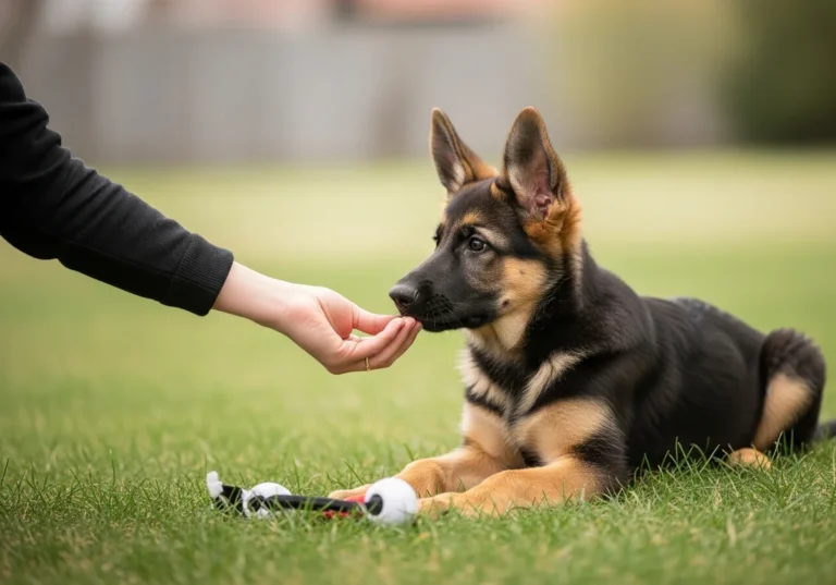 Szczeniak owczarka niemieckiego na trawie otrzymuje smakołyk z dłoni podczas wczesnej tresury.