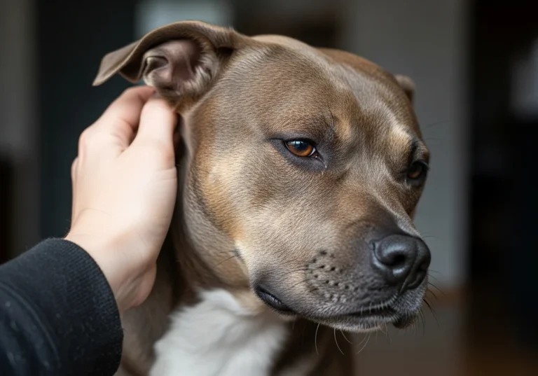 Ręka delikatnie dotykająca ucha psa. Zamyślony wyraz pyska brązowego psa o ciemnych oczach.