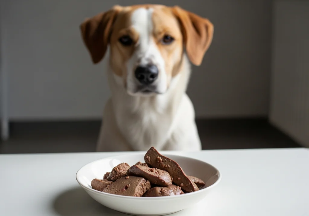 Pies spogląda na miskę z kawałkami wątróbki, przygotowanej do jedzenia.
