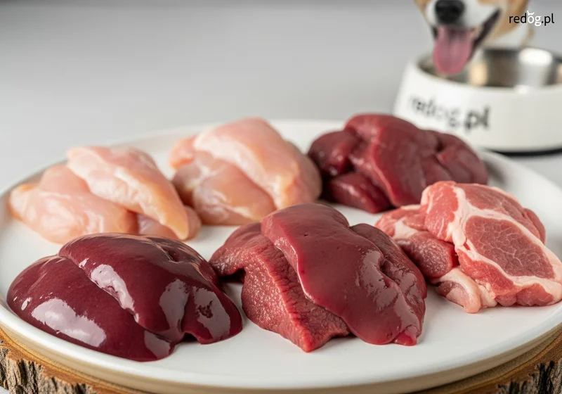 Różne rodzaje surowego mięsa i podrobów (wątróbka, kurczak, wieprzowina) dla psa, z miską w tle.