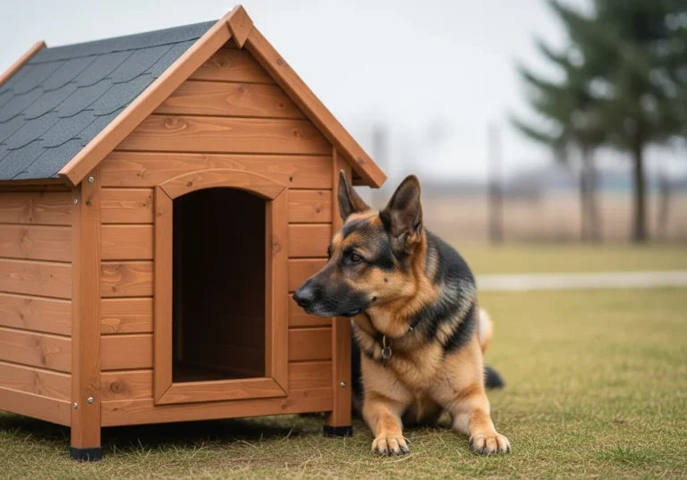 Owczarek niemiecki leżący obok drewnianej budy z brązowego drewna i ciemnym dachem na trawie.