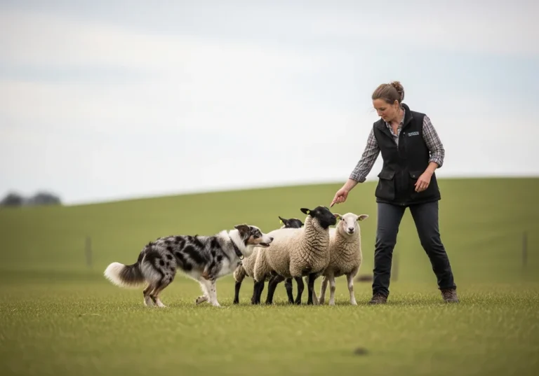Kobieta i pies pasterski Border Collie pracują z owcami na zielonym pastwisku.