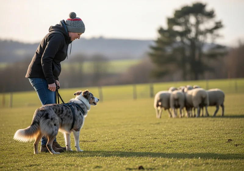 Przewodniczka i pies pasterski, w skupieniu obserwujący stado owiec na zielonym pastwisku przed debiutem.