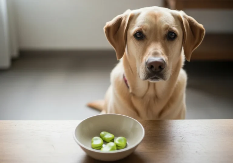 Pies rasy labrador patrzący na miseczkę z kilkoma ziarnami bobu na drewnianym stole.