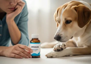 Osoba trzymająca butelkę leku Opokan obok psa, ilustrująca ryzyko podawania ludzkich leków zwierzętom.